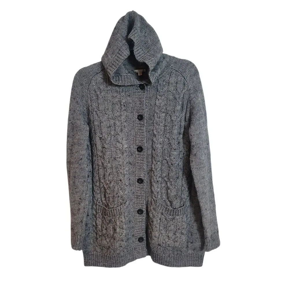 Royal Robbins Wool‎ Blend Hooded Cable Knit Cardigan Sweater Women's Large Gray